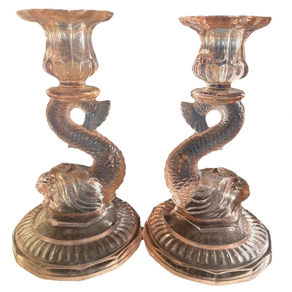Vintage Pair Pink Glass‎ Candlesticks Koi Fish Design Collectible Rare